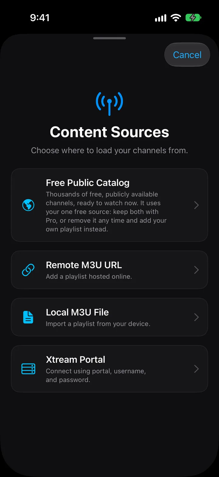 The Content Sources sheet in PixelPlay with four cards: Free Public Catalog, Remote M3U URL, Local M3U File and Xtream Portal
