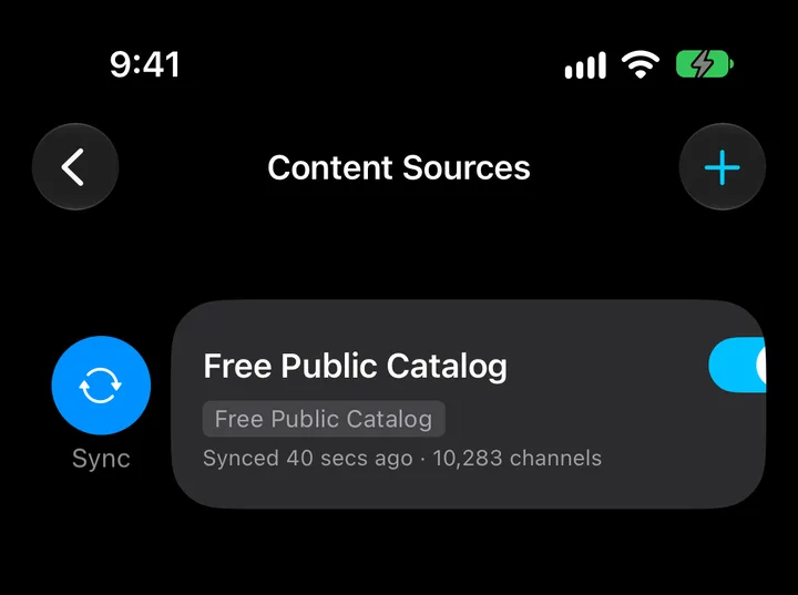 Swiping right on a source in Content Sources shows the Sync button