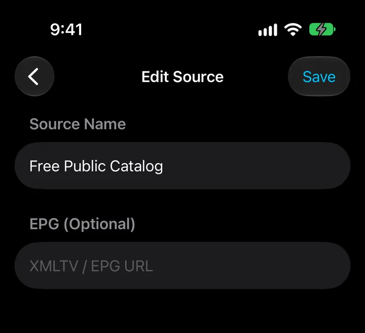 Edit Source in PixelPlay, showing the EPG (Optional) field for a source that is already added