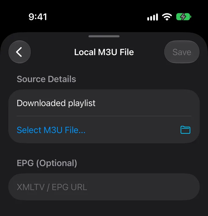 The Local M3U File form with a name and the Select M3U File button