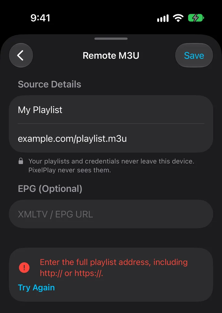 PixelPlay asking for the full playlist address, including http:// or https://, after a URL was typed without one