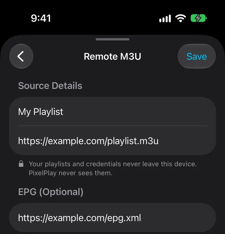 The Remote M3U form with a name, a playlist URL and an XMLTV address in the EPG (Optional) field