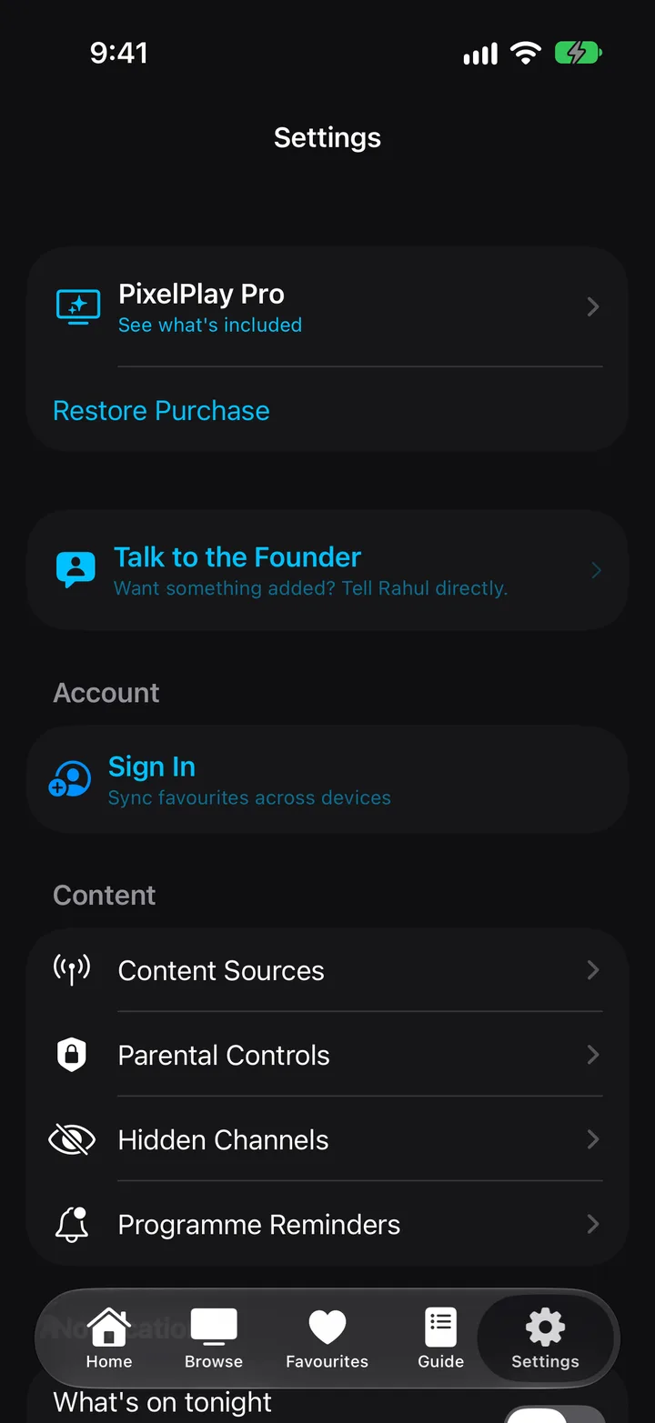 PixelPlay Settings on iPhone, with Content Sources as the first row under Content