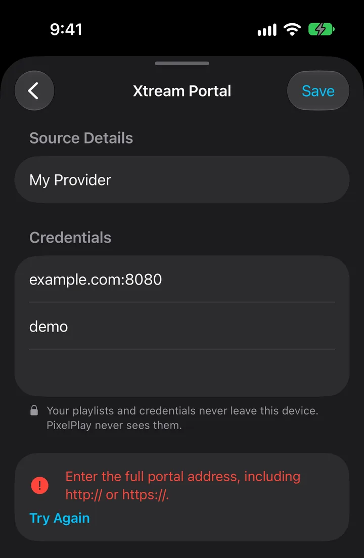 PixelPlay asking for the full portal address, including http:// or https://, after a portal was typed without one