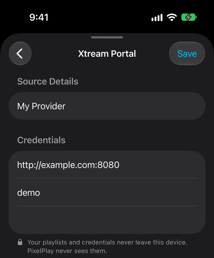 The Xtream Portal form with a name, a portal URL that includes the port, and a username
